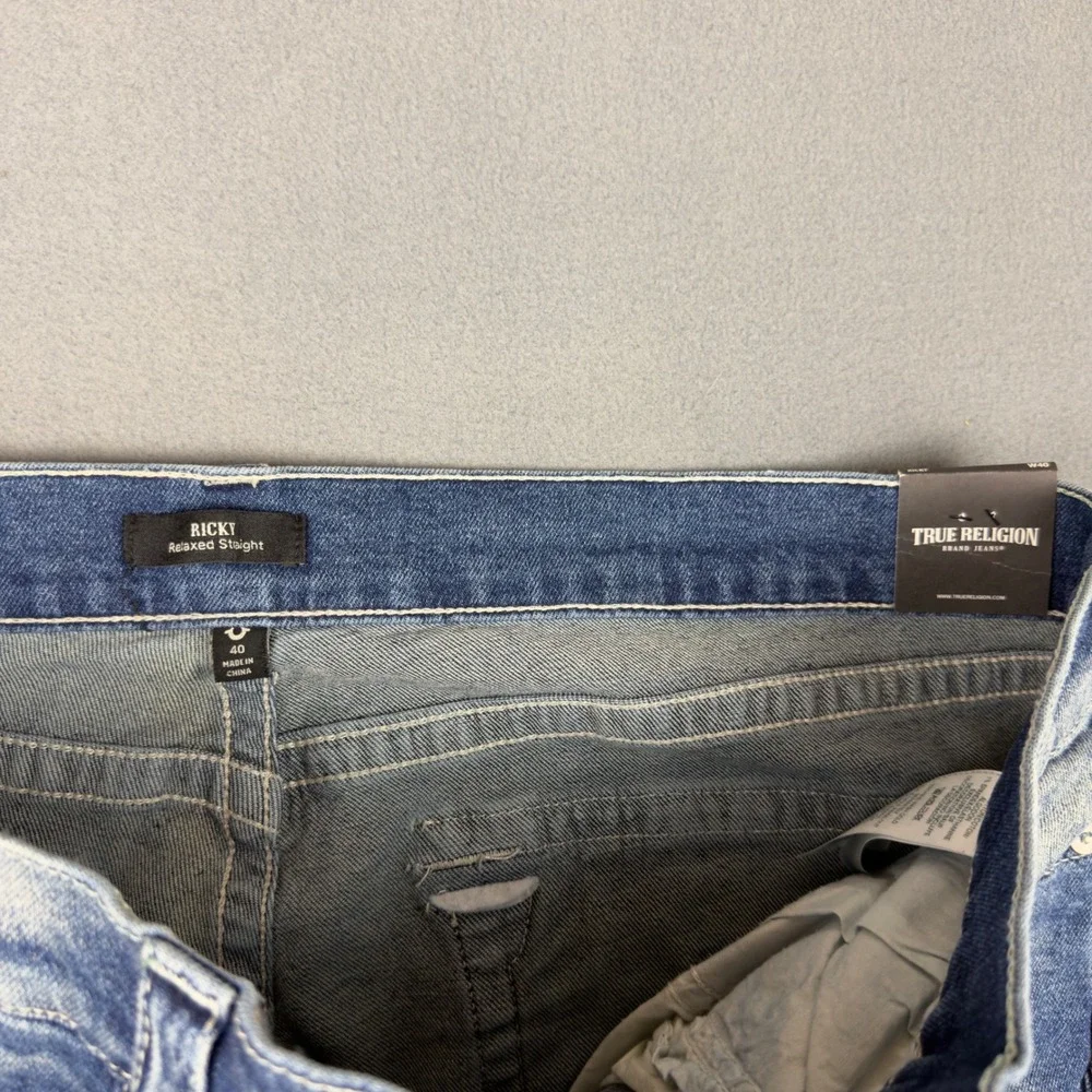 True Religion Ricky Relaxed Straight Jeans Medium Wash Blue Denim Mens 40x33 NEW